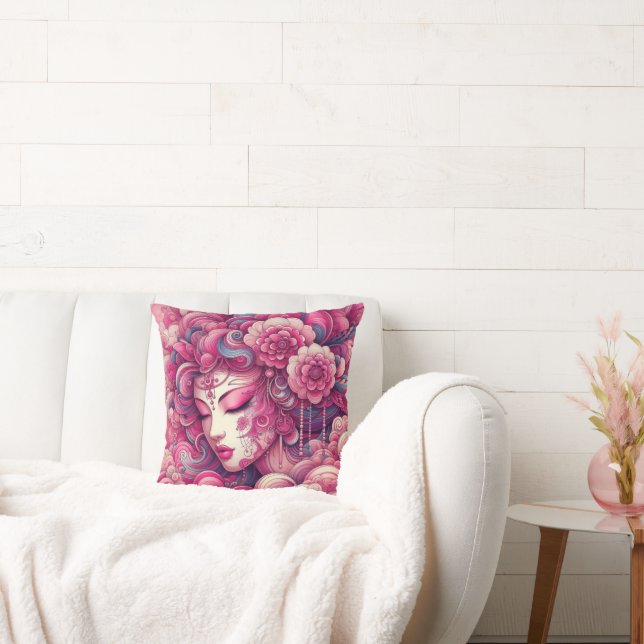 Oriental vector abstract Geisha pink fractal waves Throw Pillow (Couch)