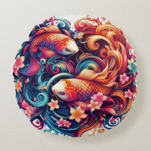 Oriental vibrant abstract koi fishes and waves round pillow