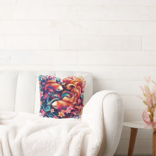 Oriental vibrant abstract koi fishes and waves throw pillow
