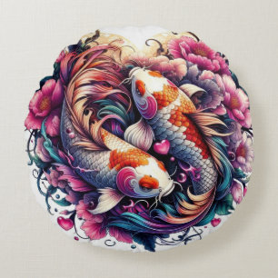 Oriental vibrant abstract koi fishes waves sakura round pillow