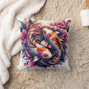 Oriental vibrant abstract koi fishes waves sakura throw pillow
