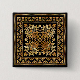 Oriental Vintage Damask Ornament - Black and gold Button