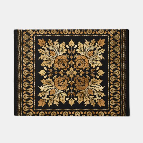 Oriental Vintage Damask Ornament _ Black and gold Doormat