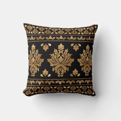 Oriental Vintage Damask Ornament _ Black and gold Throw Pillow