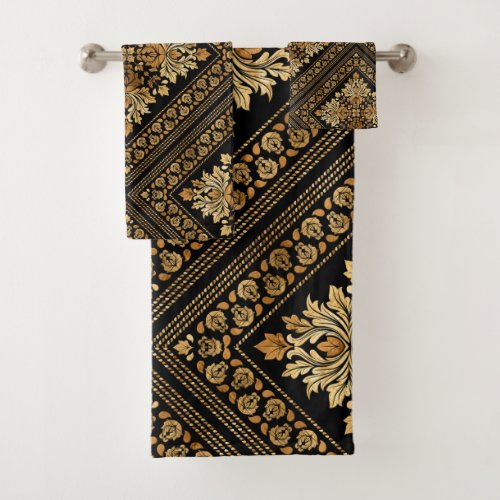 Oriental Vintage Damask pattern _ Black and gold Bath Towel Set