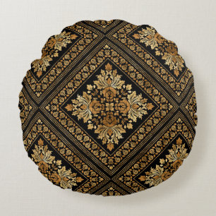 Oriental Vintage Damask pattern - Black and gold Round Pillow