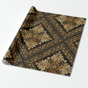 Oriental Vintage Damask pattern - Black and gold Wrapping Paper