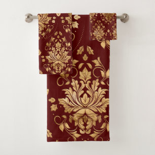 Oriental Vintage Damask Pattern - Red and gold Bath Towel Set