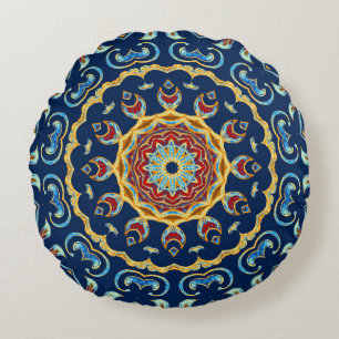 Oriental Watercolor Floral Mandala Carpet Round Pillow