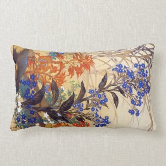 Oriental watercolour vibrant vintage flowers art lumbar pillow