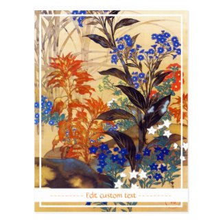 Oriental watercolour vibrant vintage flowers art postcard