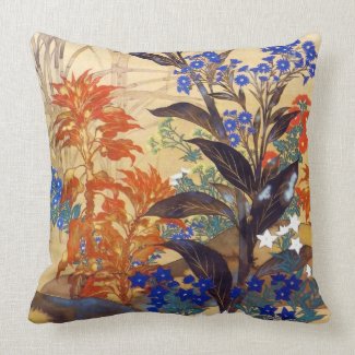 Oriental watercolour vibrant vintage flowers art throw pillow
