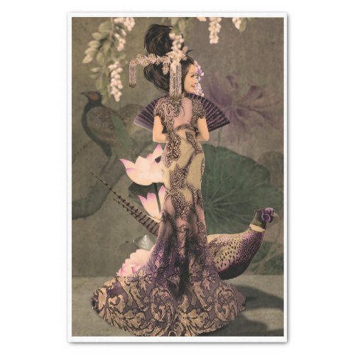 Oriental Woman Pheasant Peony Portrait Tissue Paper