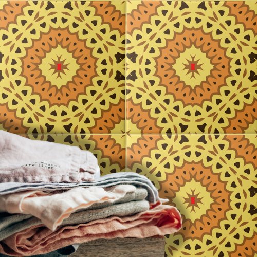 Oriental Yellow Orange Mosaic Geometric Pattern Ceramic Tile