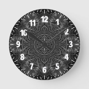 Oriental Zen Mandala Black and white Round Clock