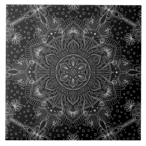 Oriental Zen Mandala Black and white Tile