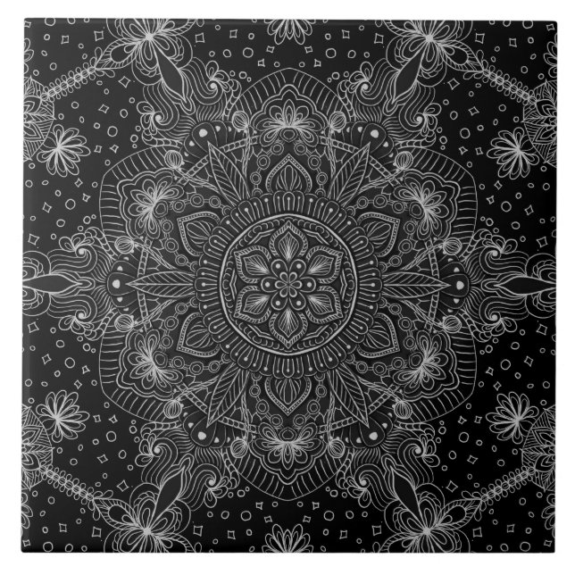 Oriental Zen Mandala Black and white Tile (Front)