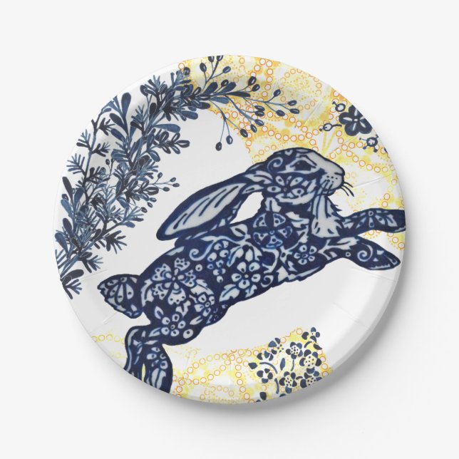 Orierntal Blue White Yellow Rabbit Chinoiserie Paper Plates (Front)