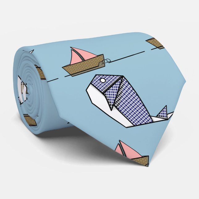 Origami Blue Whale And Paper Boat Neck Tie (Rolled)