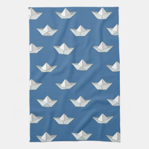 Origami Boats On The Water Pattern Kitchen Towel