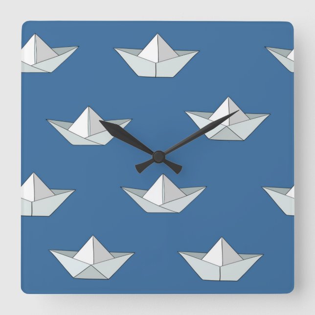 Origami Boats On The Water Pattern Square Wall Clock (Front)