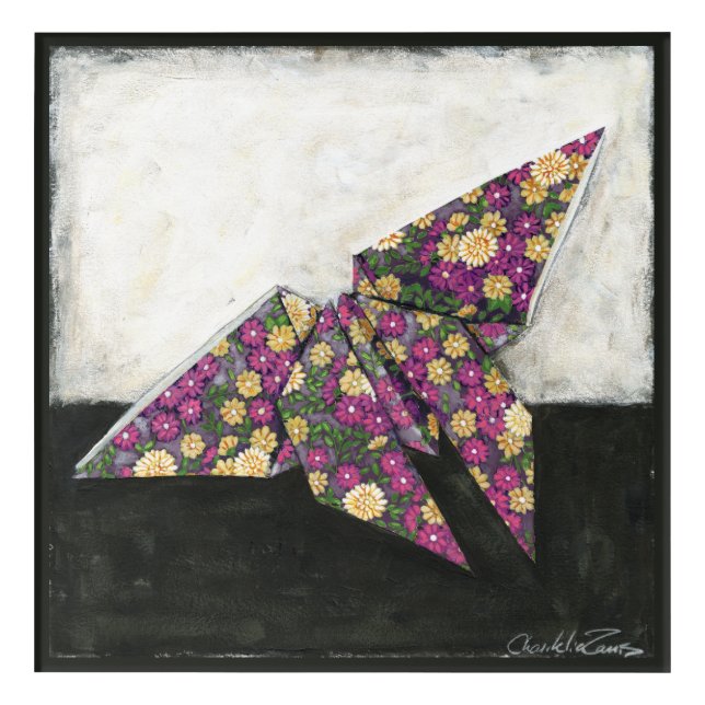 Origami Butterfly on Floral Paper Acrylic Print (Front)