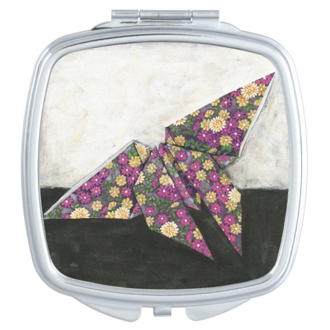 Origami Butterfly on Floral Paper Compact Mirror (Front)