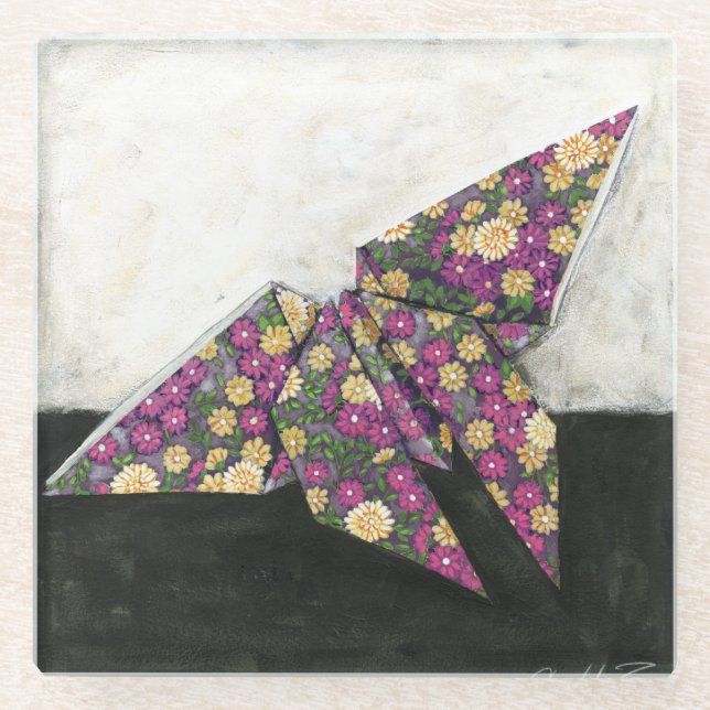 Origami Butterfly on Floral Paper Glass Coaster (Front)