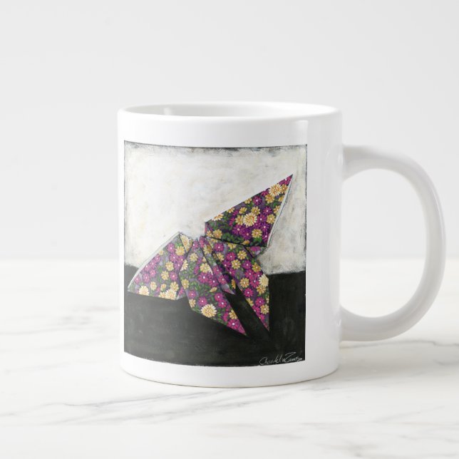 Origami Butterfly on Floral Paper Large Coffee Mug (Right)