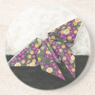 Origami Butterfly on Floral Paper Sandstone Coaster