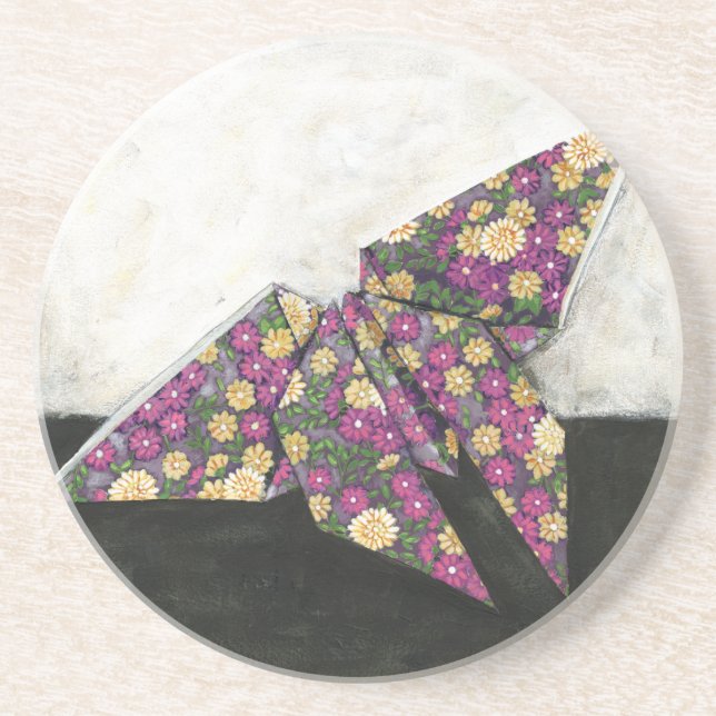 Origami Butterfly on Floral Paper Sandstone Coaster (Front)