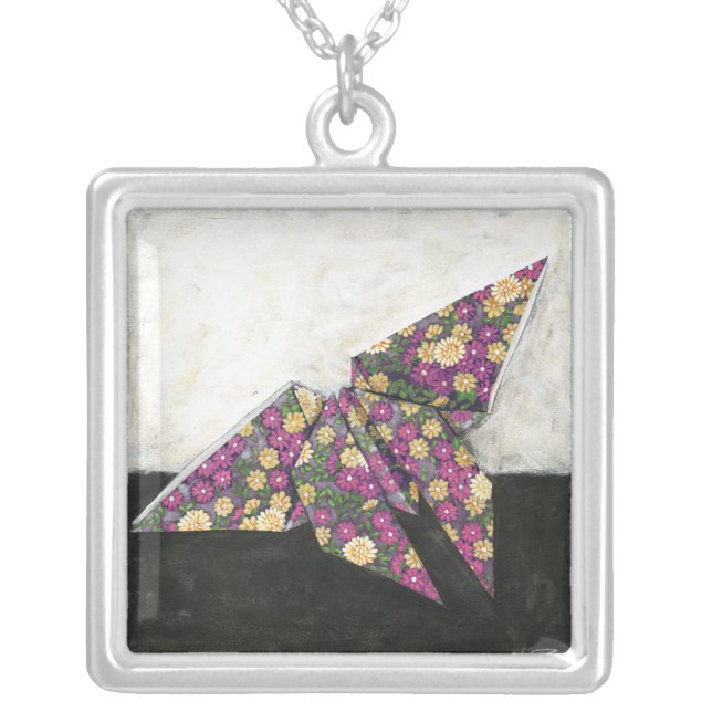 Origami Butterfly on Floral Paper Silver Plated Necklace (Front)
