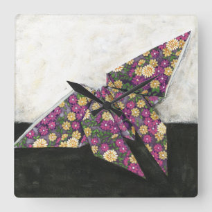 Origami Butterfly on Floral Paper Square Wall Clock
