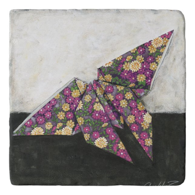 Origami Butterfly on Floral Paper Trivet (Front)