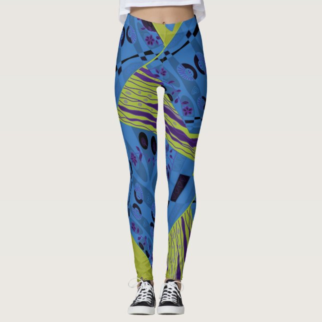Origami Chintz (L) Blue Indigo Olive Black Leggings (Front)