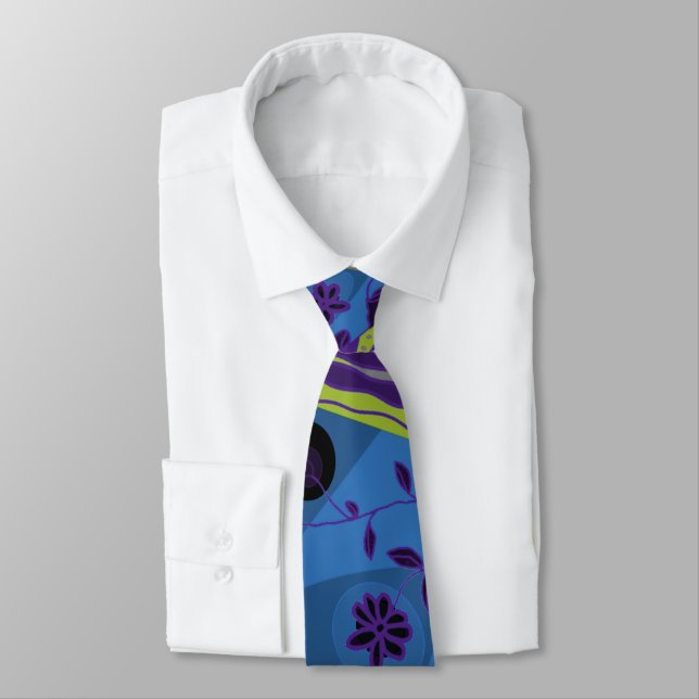 Origami Chintz (L) Blue Indigo Olive Black Neck Tie (Tied)