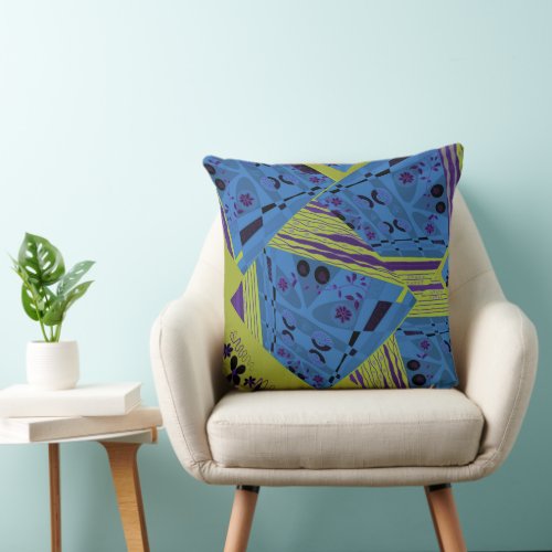 Origami Chintz L Blue Indigo Olive Black Throw Pillow