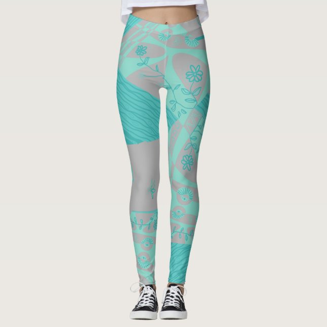 Origami Chintz (L) Dusty Blue Grey Leggings (Front)
