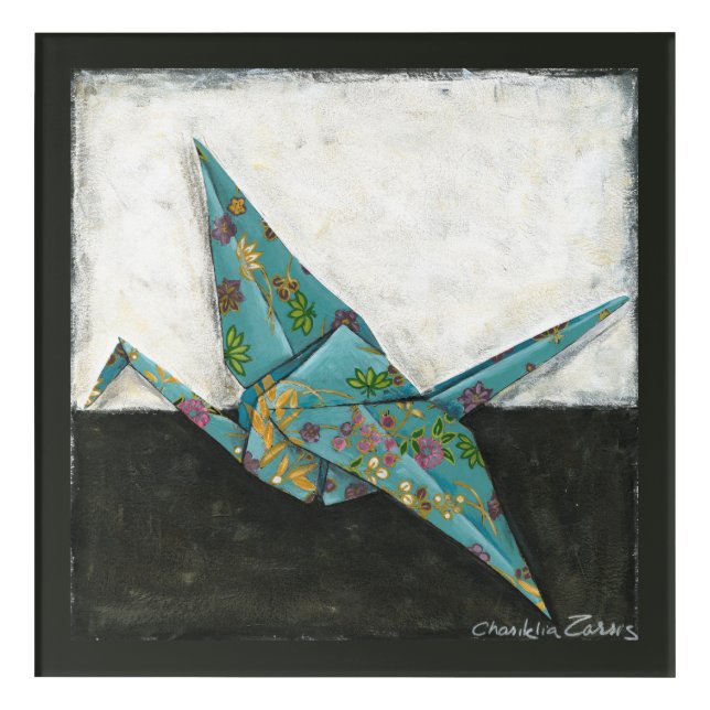 Origami Crane with Floral Designs Acrylic Print (Front)