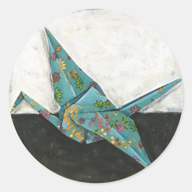 Origami Crane with Floral Designs Classic Round Sticker (Front)