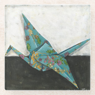 Origami Crane with Floral Designs Glass Coaster