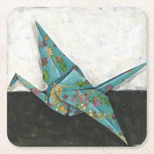 Origami Crane with Floral Designs Square Paper Coaster