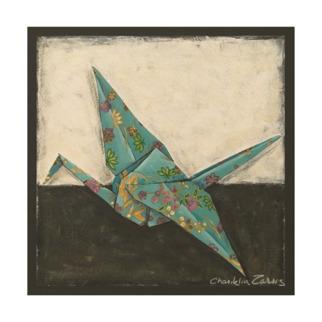 Origami Crane with Floral Designs Wood Wall Art (Front)