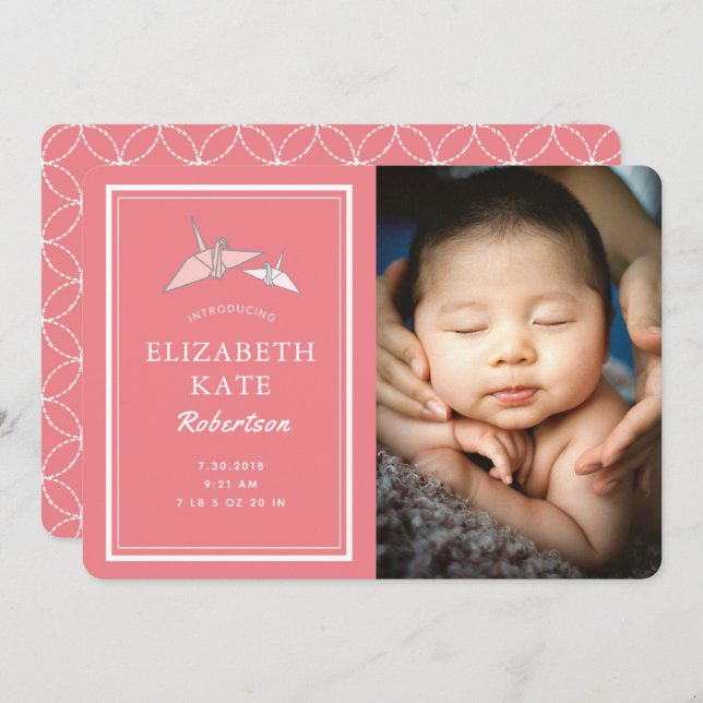 Origami Cranes Photo Pink Birth Announcement Card (Front/Back)