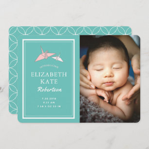 Origami Cranes Photo Teal Birth Announcement Card