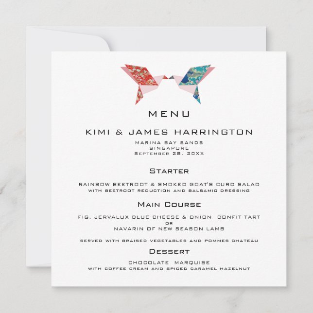 Origami Doves Wedding Invitation Menu (Front)