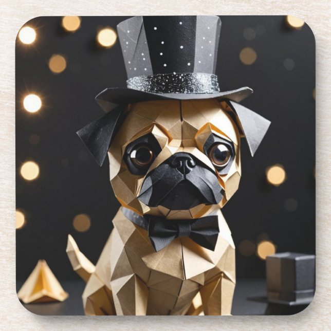 Origami fancy pug  beverage coaster (Front)