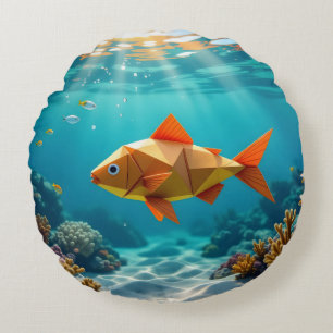 Origami fish and seahorse ocean round pillow
