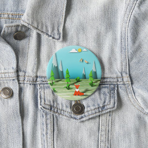 Origami Forest Scene with Fox Mountains and Birds Button