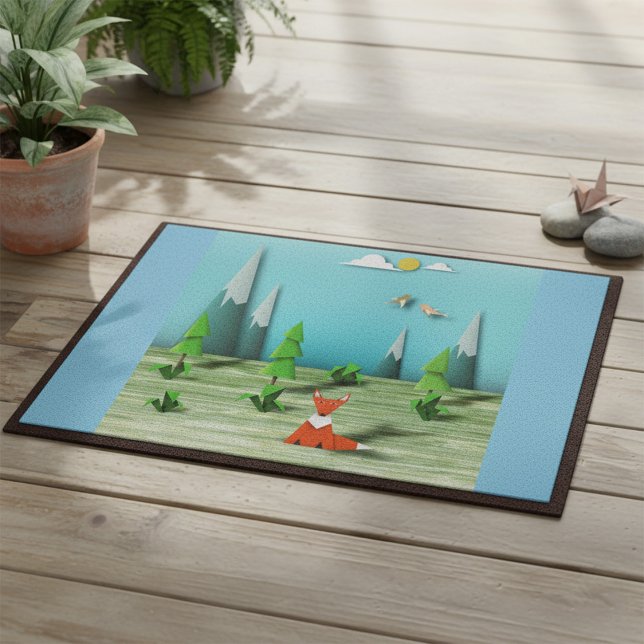 Origami Forest Scene with Fox Mountains and Birds  Doormat (Creator Uploaded)